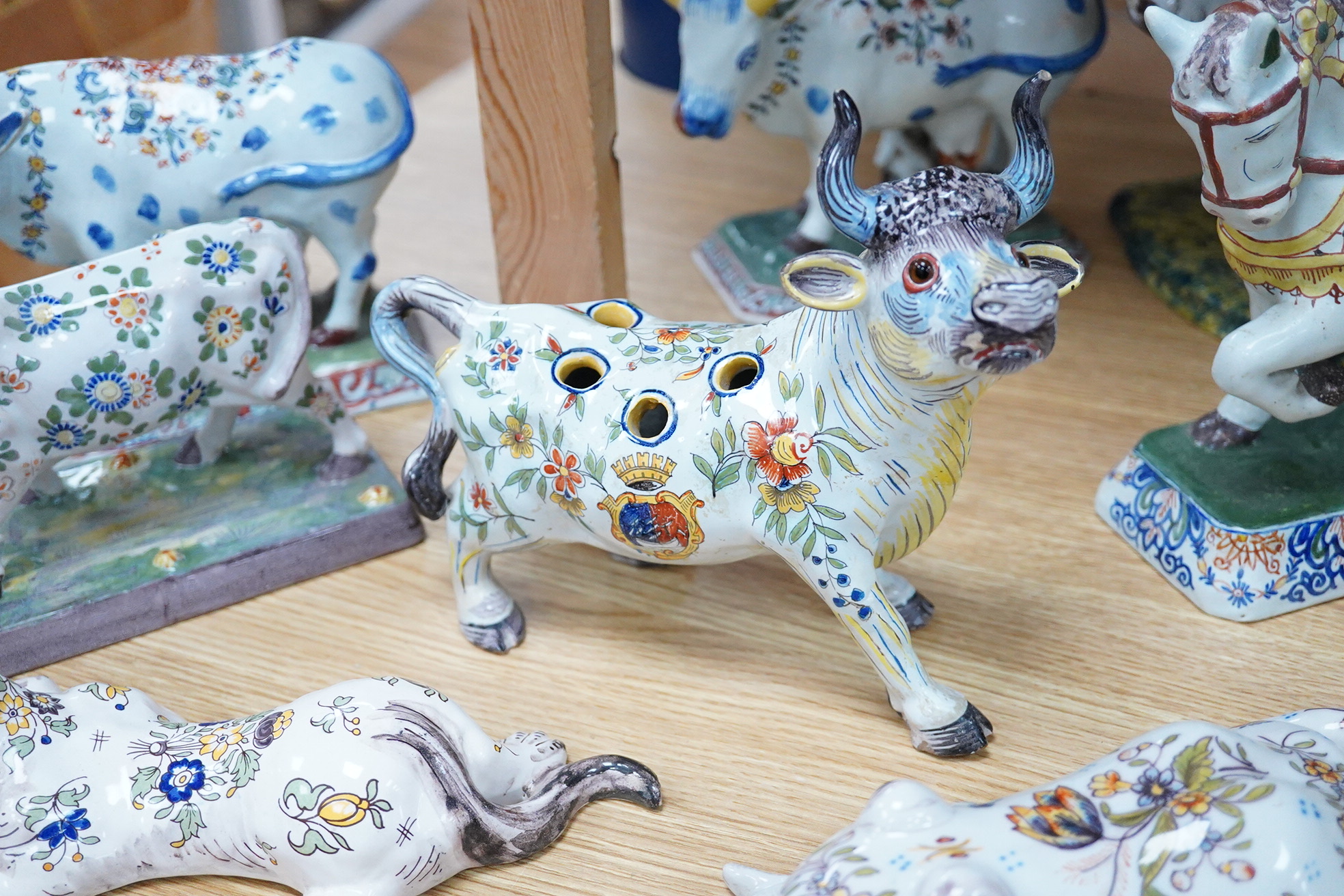 19th century French faience models of cows, a cat and a frog .(9), Tallest 30 cm